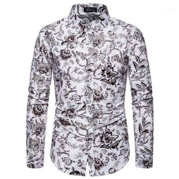 

men's casual shirts 2021 fashion men's long sleeve printed flower shirt / slim beach floral shirt1, White;black