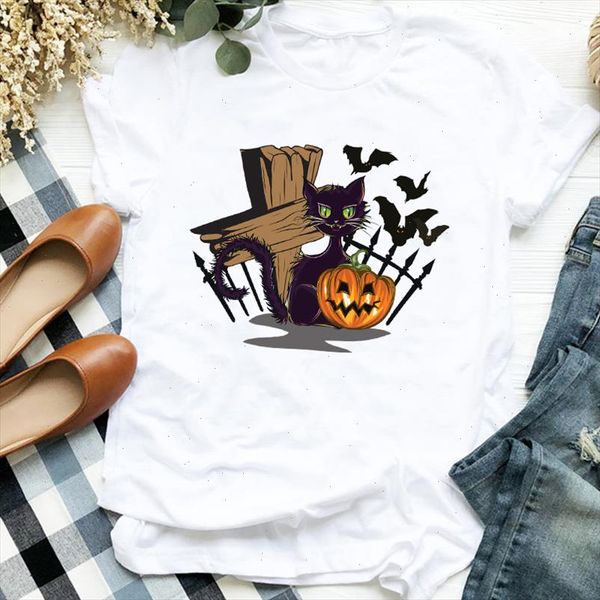 

women lady cartoon pumpkin cat witch thanksgiving halloween print tshirt female t tee womens shirt clothes graphic t shirt, White