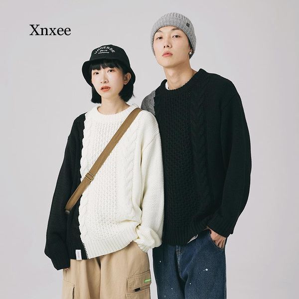 

winter color patchwork women sweater casual loose long sleeve minimalist knitted pullover fashion female men clothing, White;black