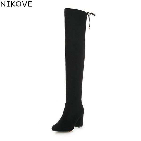 

nikove 2020 women boots over the knee boots lace up winter shoes short plush pointed toe square high heels shoes woman 34-43, Black