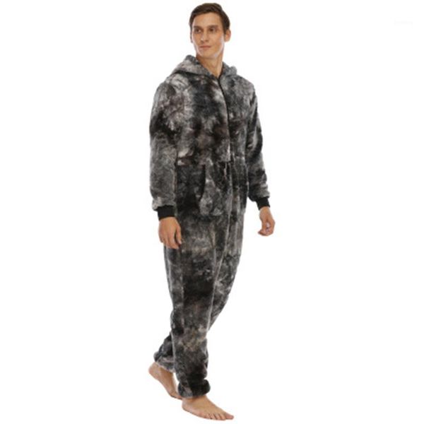 

loose home siamese pajamas men fleece casual rompers sleepwear fashion trend long sleeve cardigan hooded rompers pajamas spring male tie-dye, Black;brown