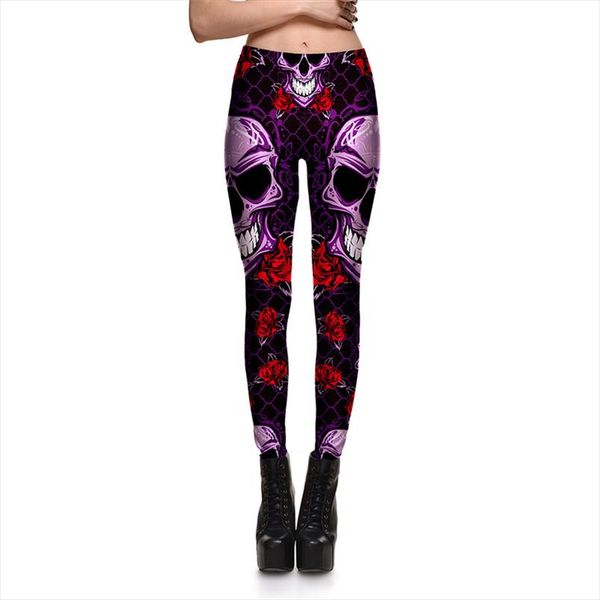

leggings fitness new arrival womens skull purple red rose leggings stretch digital print pencil pants trousers, Black