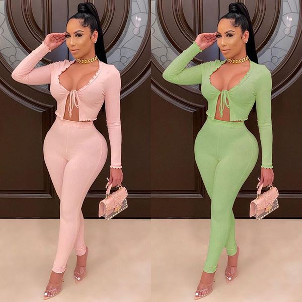 

elegant women fall v-neck 2 piece set 2020 long sleeve open stitch low cut lace-up t-shirt high waist long pants, Gray