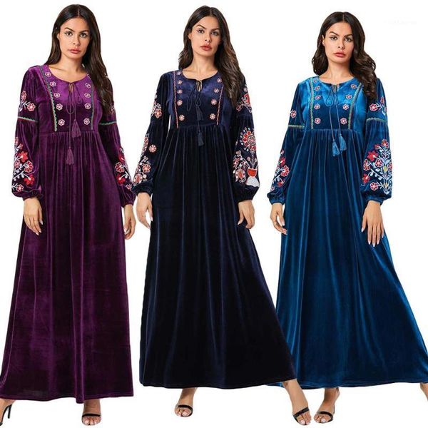 

2020 muslim abaya women dress embroidery kaftan jilbab casual loose prayer dresses velvet drawstring autumn dress draped design1, Red