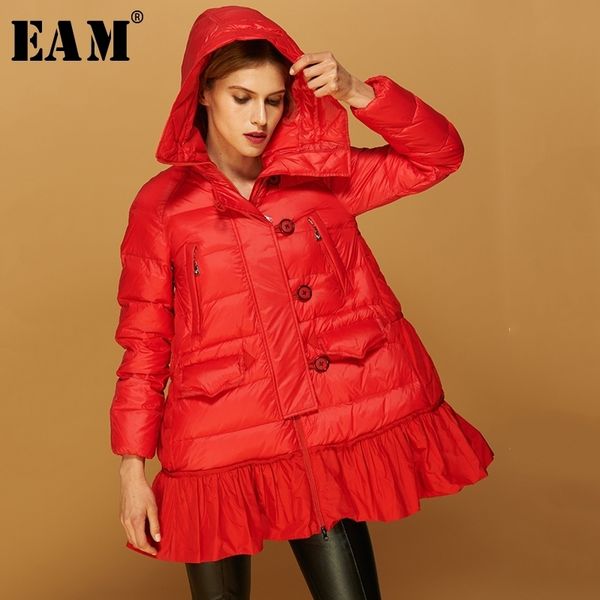 

[eam] loose fit pleated spliced button down jacket new hooded long sleeve warm women parkas fashion spring autumn 1a405 201028, Black
