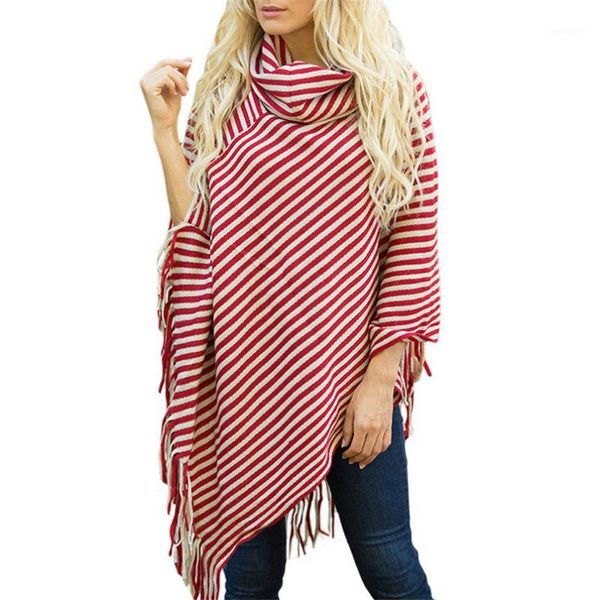 

women's cape fashion black and white striped shawl autumn loose knitted sweater tassel cloak poncho high collar full sleeves1