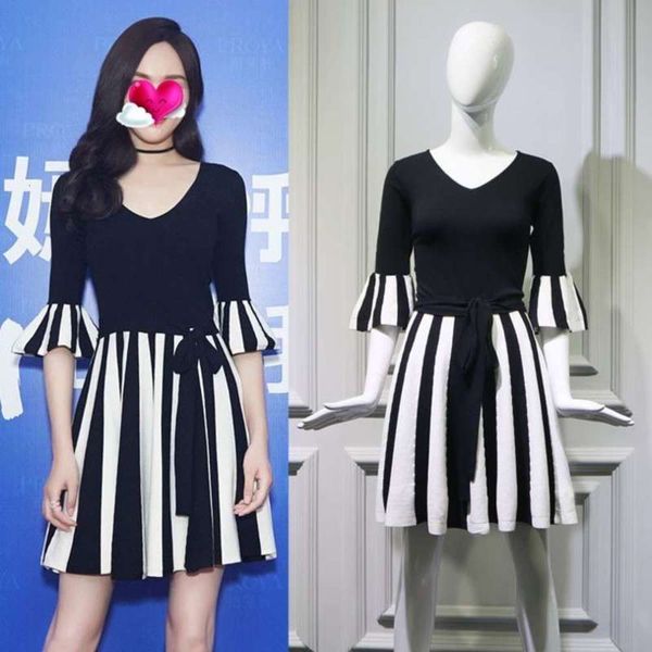 

yan's same dress for female tang xia new korean and white stripe stitching simple temperament black skirt fashion, Black;gray