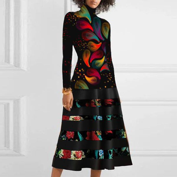 

turtleneck patchwork women midi dress autumn vintage stripe party dresses winter female elegant long sleeves dress vestidos 201127, Black;gray