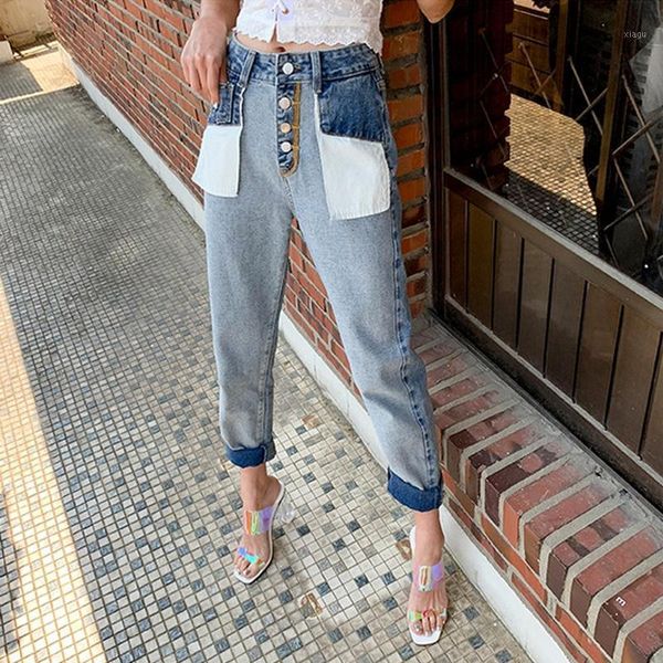 

front buttons high waist denim jeans women 2021 autumn big pockets splice jeans pants female straight hit color denim trousers1, Blue