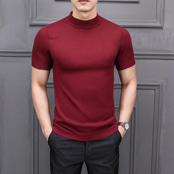 

mrmt 2021 brand new autumn men's t shirtpure color semi-high collar knitting for male half-sleeved sweater, White;black