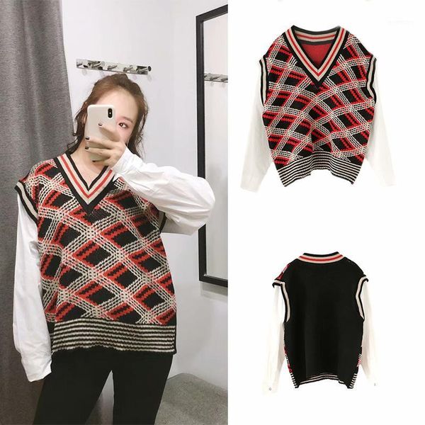

2019 fashion womem spring new college stitching sweater hit color striped v-neck long sleeve female stitching knit 1, White;black
