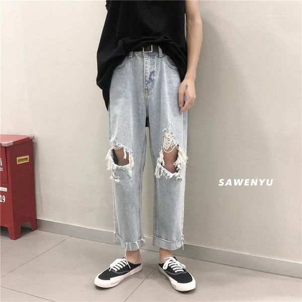 

men's jeans 2021 summer men's casual hole homme male ankle-length pants washable thin denim midwaist solid color light blue -2xl1