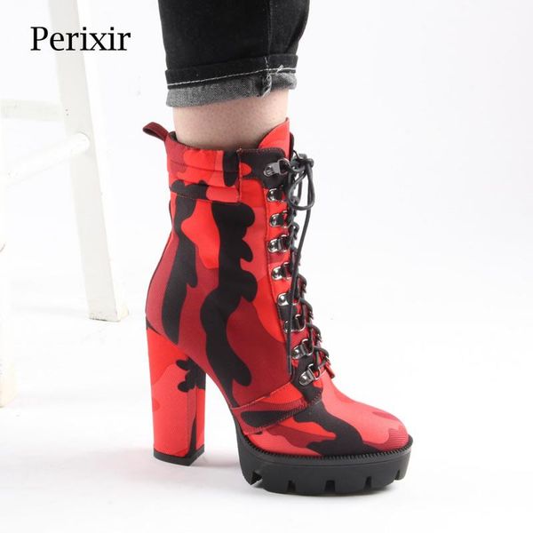 

boots perixir band designer women ankle fashion camouflage cloth chunky block high heel woman's platform party shoes, Black