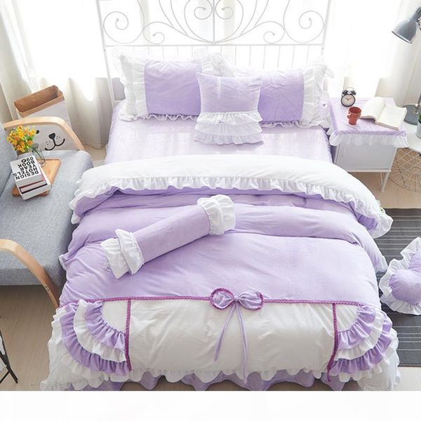 

4 6 8pcs bow ruffles duvet cover sets king  size purple princess bedding set cotton bedspread bed sheet pillowcases