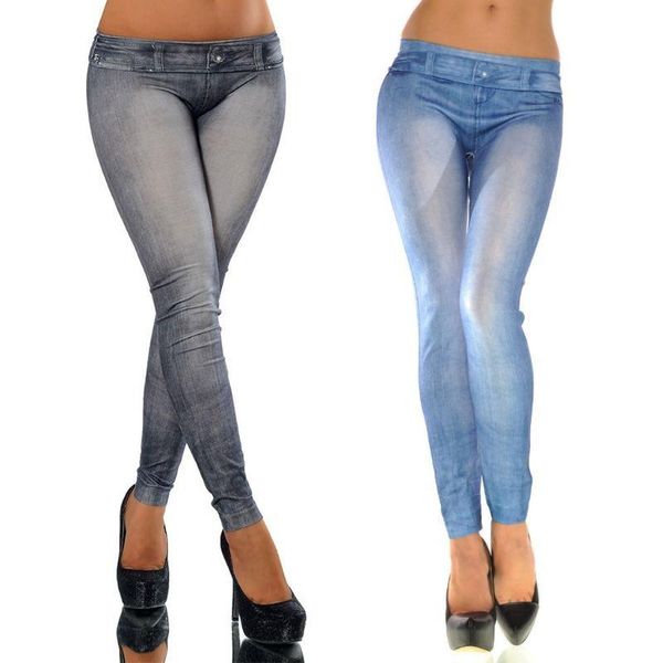 

women vintage wash color denim print leggings low rise stretchy pencil pants seamless ankle length skinny fake jeans tights, Blue