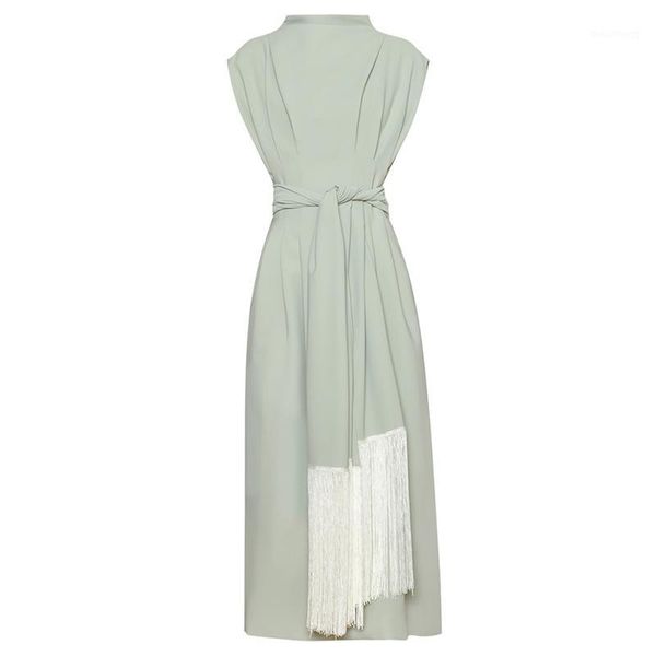 

stand collar sleeveless twist knotted waist fringed tassel dress green / black elegant ladies office dress boho long1, Black;gray