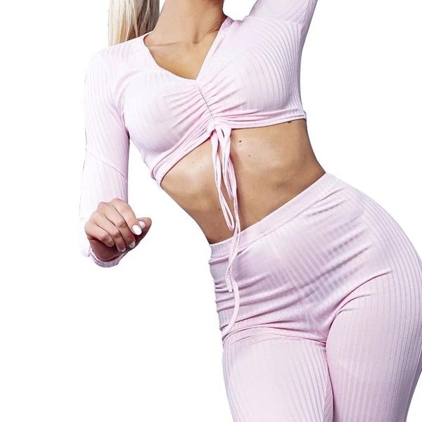 

yoga outfits seamless ribbing suit sports tracksuit long sleeve tie crop pencil pants two piece set workout gym fitness female, White;red