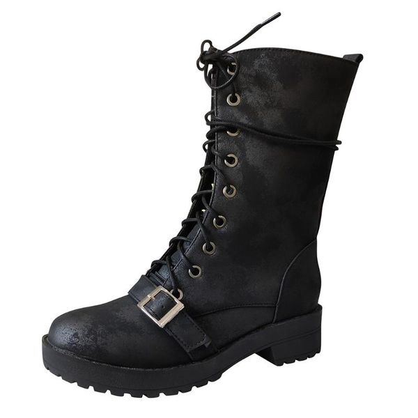 

boots women's leisure buckle lace-up knee bare square heel casual middle booties zapatos mujer au7, Black