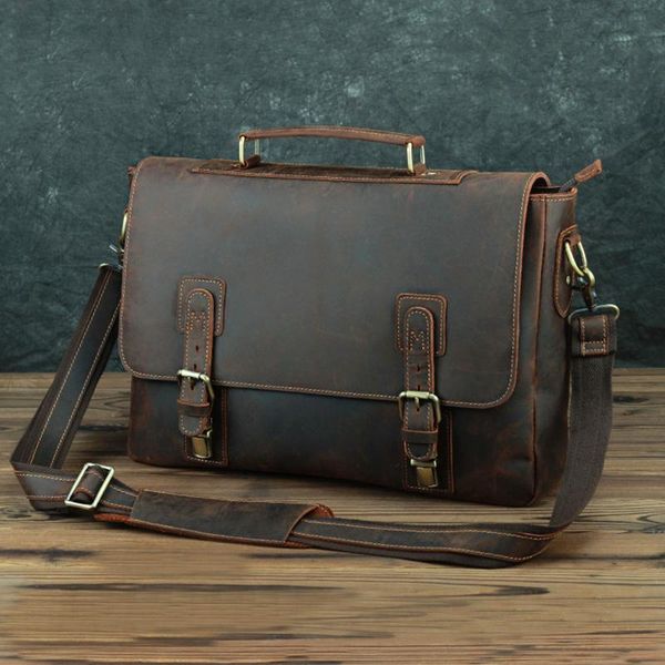 

mens retro real crazy horse leather briefcase messenger shoulder portfolio lapbag business handbag