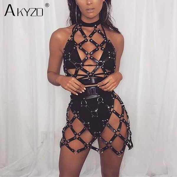 

casual dresses akyzo women body harness pu leather black dress punk adjustable garter belt hollow out weaved backless 2 piece set, Black;gray