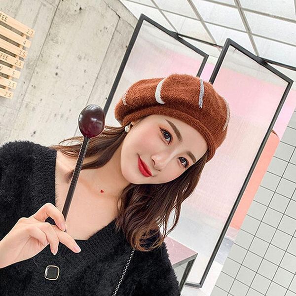 

berets fashion autumn winter women stripe warm plush woolen blended beanie hats french artist painter hat female cap gift1, Blue;gray