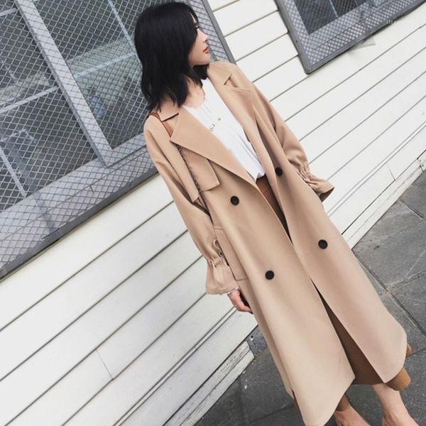 

trendy trendy windbreaker women's long section 2020 spring new korean loose coat temperament atmosphere coat l2831, Tan;black