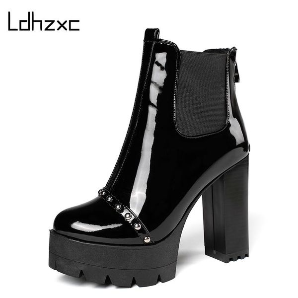 

ldhzxc 2020 rivets comfort high heel ankle boots women for women fall shoes party nightclub black leather platform shoes snow