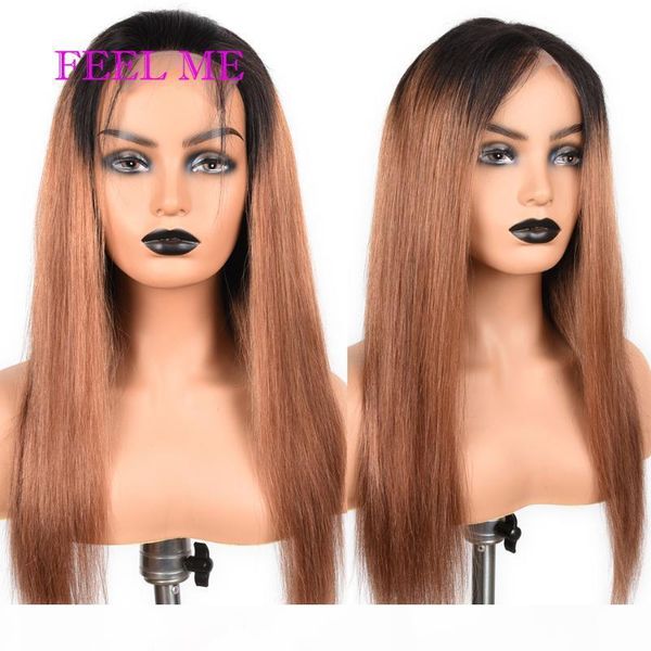

feelme ombre human hair wigs for black women 4x4 1b 30 ombre brown brazilian straight hair wigs 1b 99j lace closure 150%, Black;brown