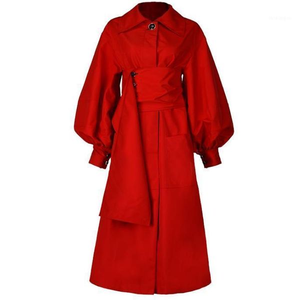 

red trench coats lantern sleeve women belt girdle back split women's windbreaker 2020 autumn fashion new1, Tan;black