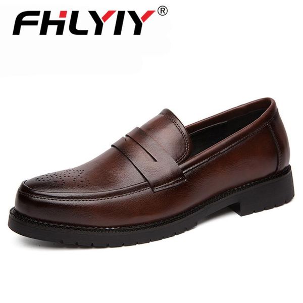 

fhlyiy brand retro men dress shoes brogue style party leather formal shoes wedding men flats leather oxfords slip on loafe, Black