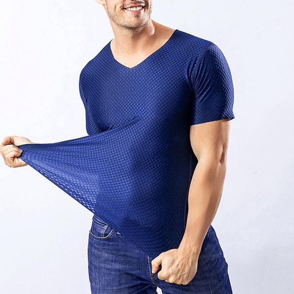 

2020 new men clothes seamless short-sleeved undershirt slim v-neck thin breathable lattice ropa sexi hombre plus size1, Black;brown