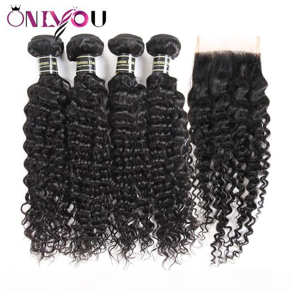 

new arrival malaysian virgin remy hair weave 4 deep curly bundles with closure malaysian deep wave silk base closure curl hair extensions, Black;brown
