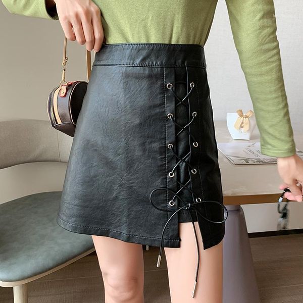 

skirts womens 2020 autumn korean fashion black skirt casual empire lace-up a-line pu leather mini skirt faldas mujer moda1