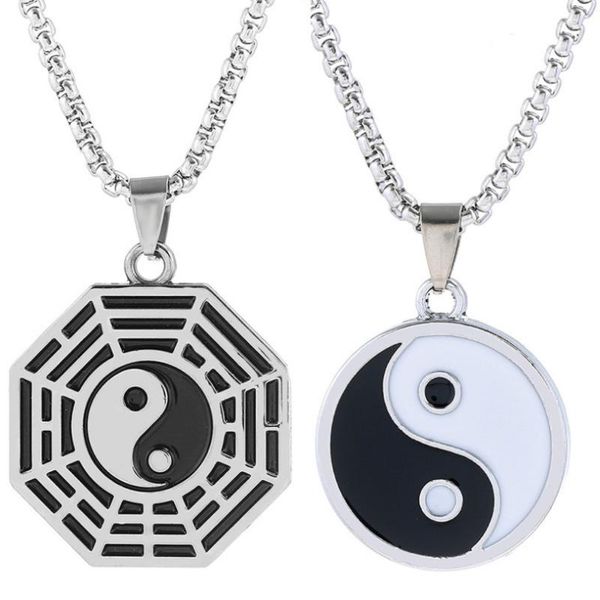 

fashion yin yang tai chi pendant necklace eight diagrams black white friendship stainless steel long chain couples lover jewelry, Silver