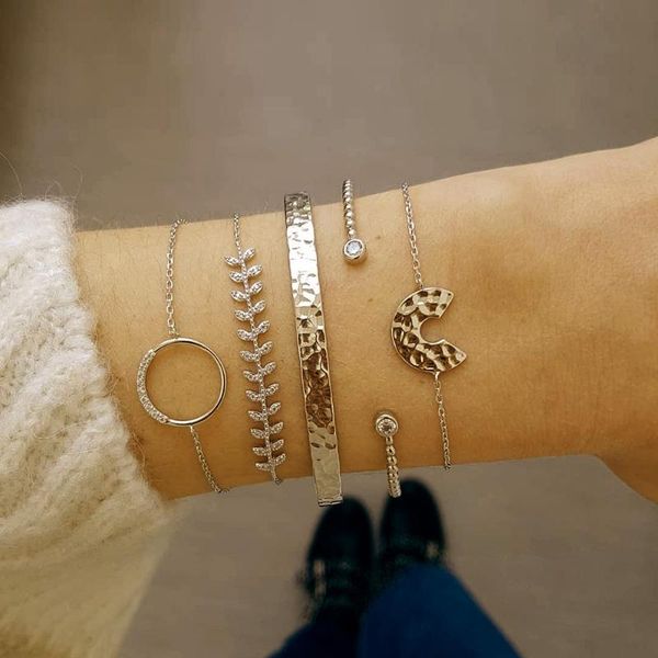 

5pcs/set women fashion crystal leaf geometric chain gold bracelet set beach charm party jewelry accessories length 18+5 cm, Black