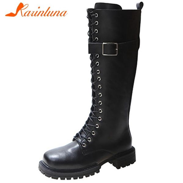 

karin new autumn female motorcycle street boots round toe chunky heels zipper cross tied women boots mid calf women shoes, Black