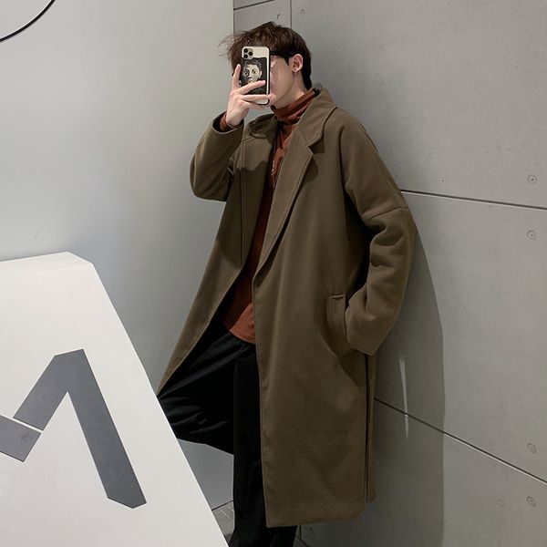 

autumn and winter solid color simple thickened woollen windbreaker korean fashion long handsome woolen coat man, Tan;black