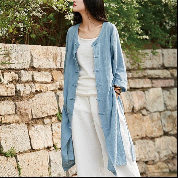 

chinese style women solid color long trench coats new 2021 spring new cotton linen vintage o neck plate buckle coats, Tan;black