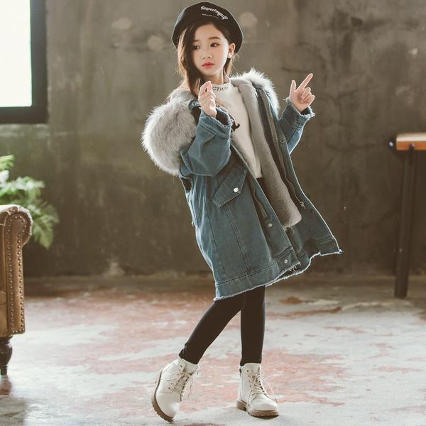 

jackets 2021 girls cowboy coat kids winter long style jacket baby velvet thickened loose fashion for girls, #8056, Blue;gray