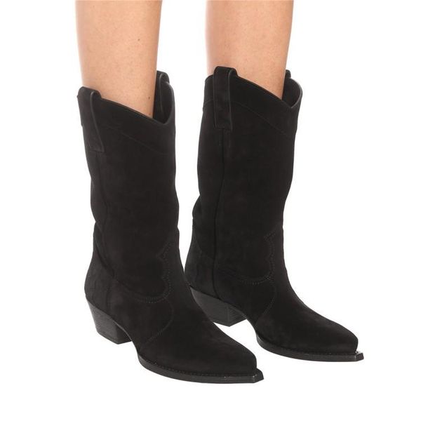 

boots woman large size square heel mid-tube rider leather low mid western cowboy plus 43, Black