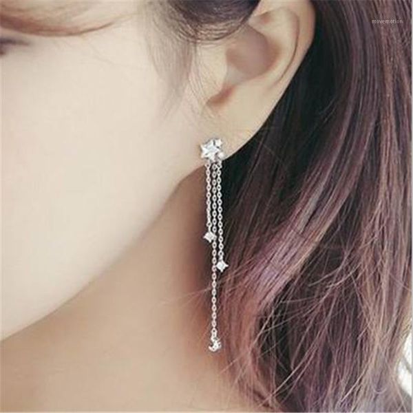 

s golden cute star moon asymmetrical long tassel dangling earring for women 2020 korean fashion drop earrings1, Silver