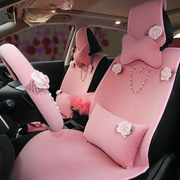 

autumn winter pink short plush pearl camellias car warm seat cover lady's fashion car seat cushion fashion interior set