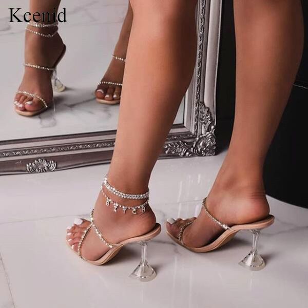 

kcenid new fashion rhinestone pvc transparent slippers crystal perspex high heels square toe women party sandals pumps t200411, Black