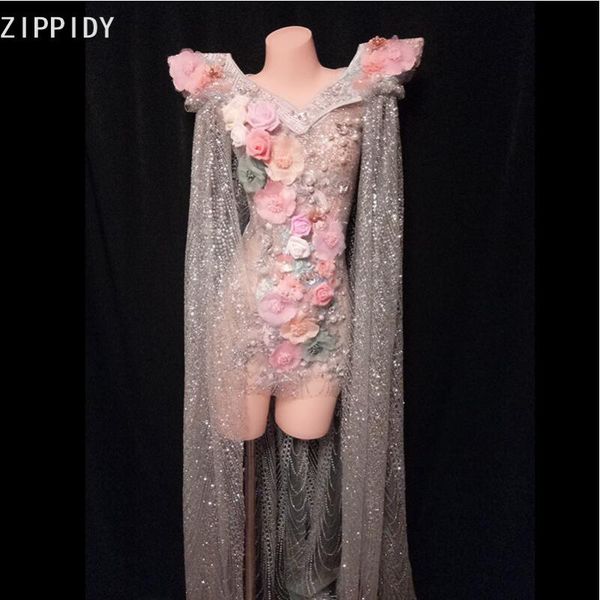 

silver glitter rhinestone pearl flower transparent dress birthday celebrate outfit bar women dancer concert dress, Black;red