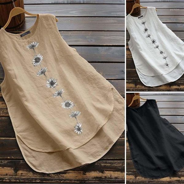 

2020 zanzea elegant summer tank women's floral blouse casual sleeveless blusas female solid asymmetrical tunic oversized1, White