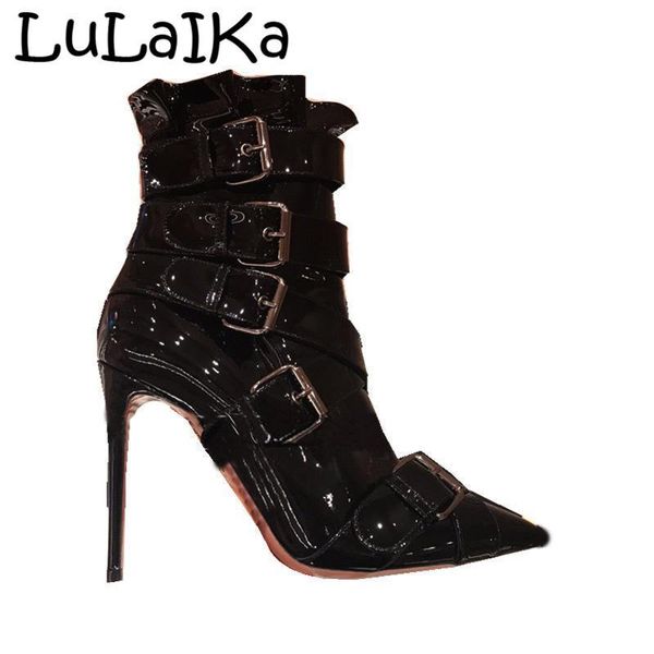 

2020 autumn winter new ladies luxury fashion belt buckle side zipper patent leather handsome pointed toe high heel ankle boots, Black
