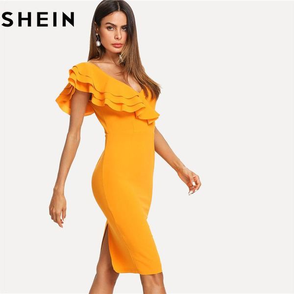 

shein sleeveless ruffle layered flounce trim split back v neck party bodycon dress women summer knee length slim pencil dress1, White;black