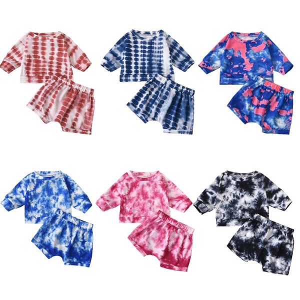 

clothing sets emmababy 2021 autumn infant baby girls boys 6 colors fashion tie-dye 2pcs set three quarter sleeve shorts outfit clothes, White