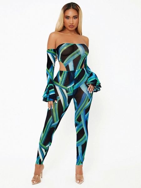 

sxy graphic print flounce sleeve off shoulder mesh bodysuit & leggings 69bw#, White