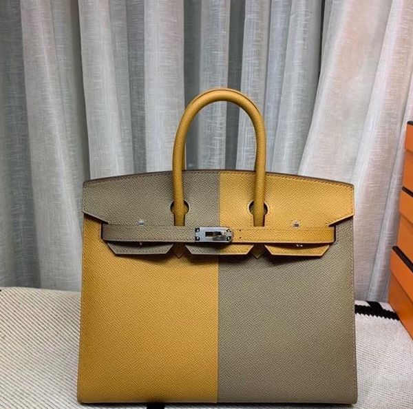 

25cm brand purse design bag fully handmade quality split color epsom leather wax line stitching gold and silver hardware by order only dont